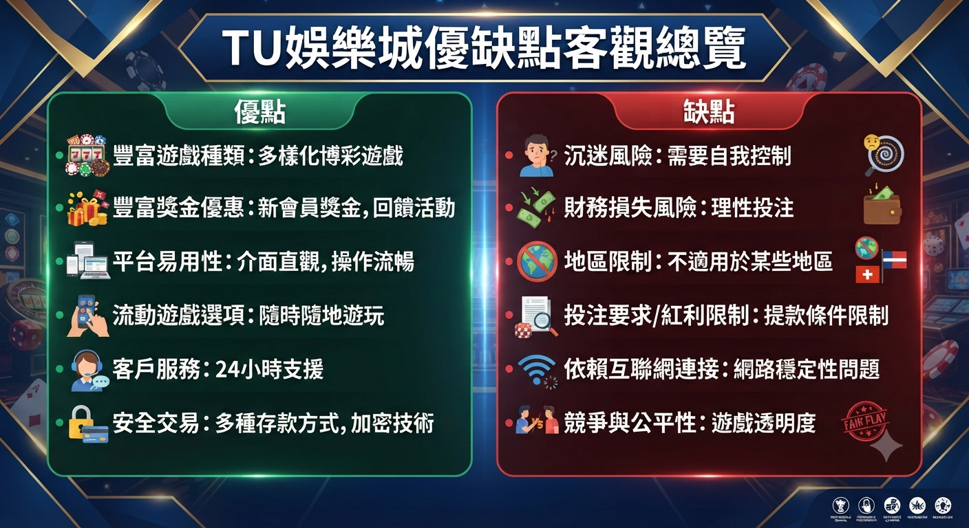 圖片上方醒目地顯示了「TU娛樂城優缺點客觀總覽」的主標題。 畫面左右兩側分別列出了該平台各項具體的優點與缺點對比。